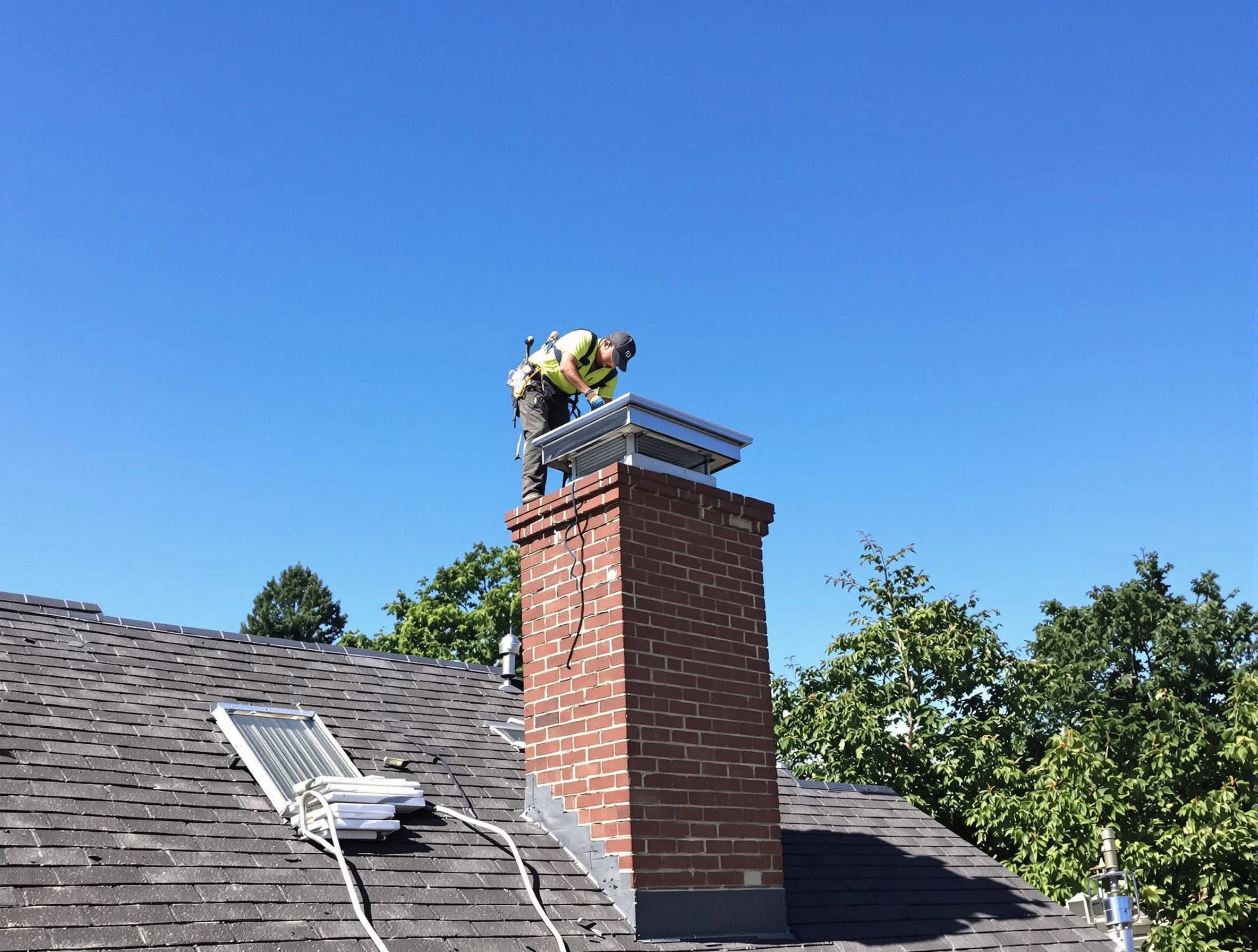 Natick Chimney Sweep technician measuring a chimney cap in Natick, MA